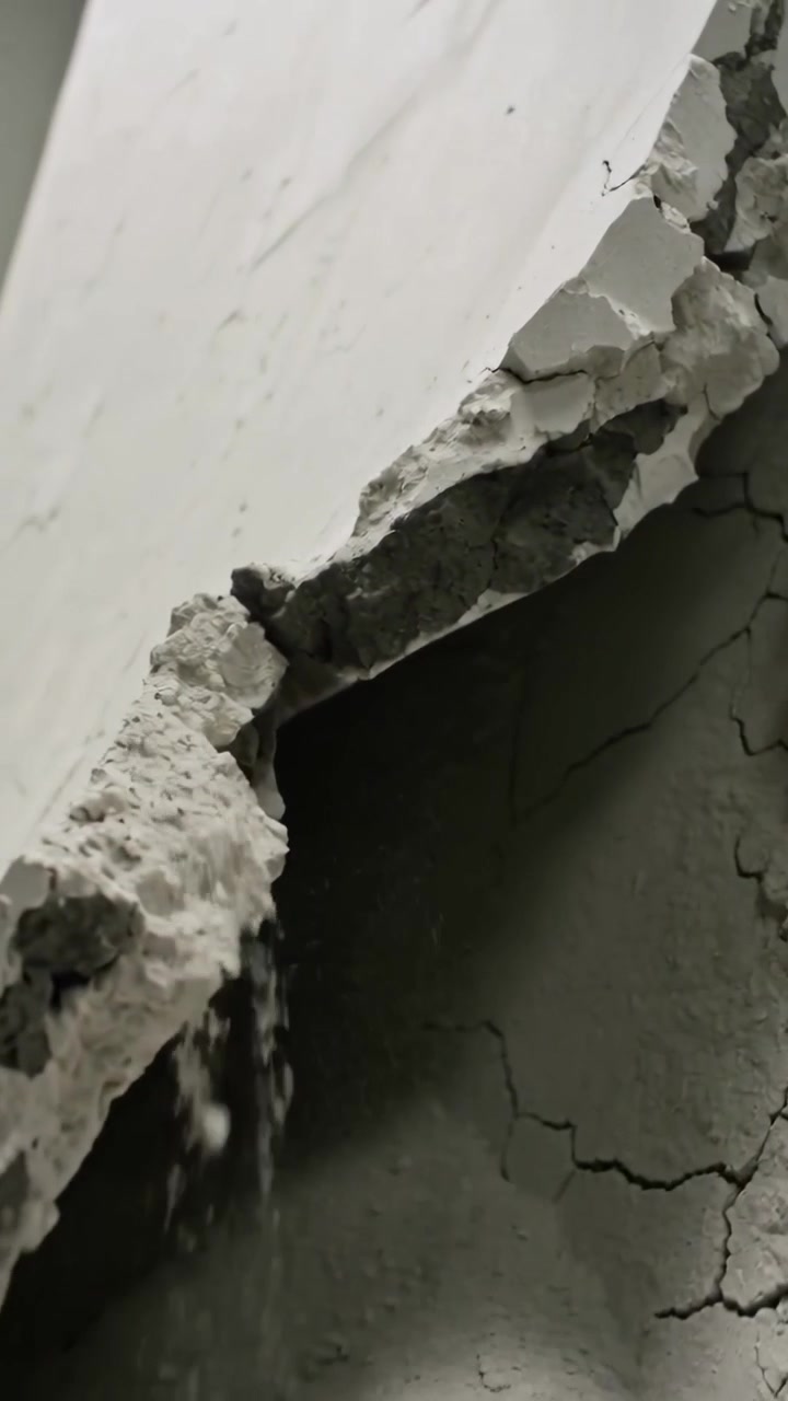 Video vertical: Yeso pintado agrietándose y desprendiendo polvo tras la caída de una columna en el interior, exponiendo un vacío.