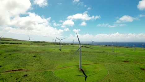 wind farm on green fields, wind turbines spinning fast on hawaiian landscape, hawi