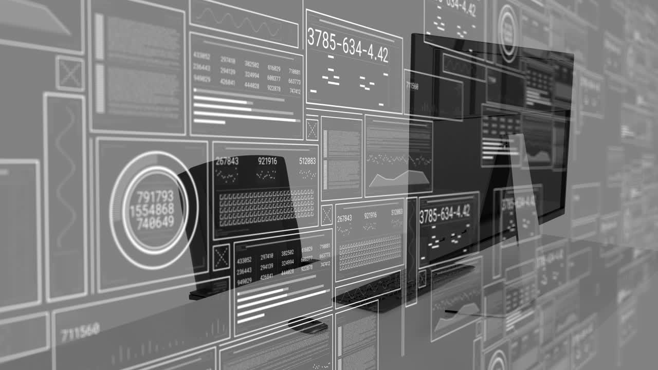 Animation of network of connections with icons over office desk with computer
