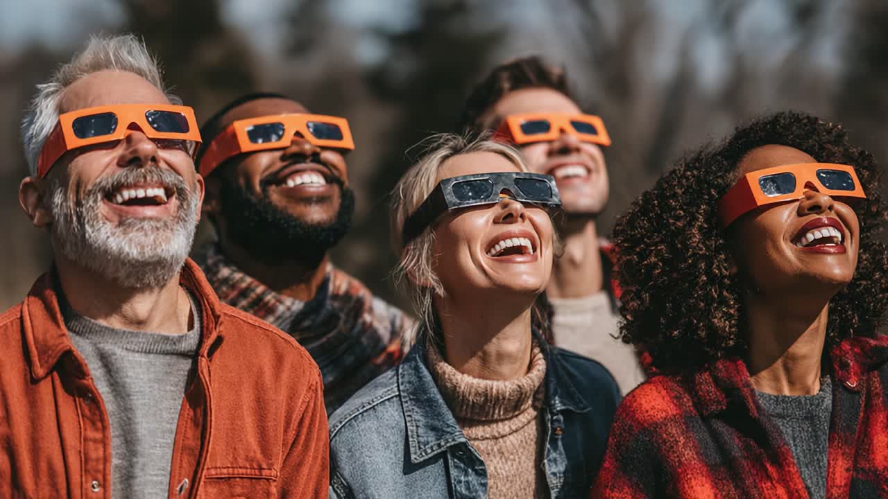 A Joyful Group of Friends Enjoying an Outdoor Experience Together Under the Sun, Sporting Special Glasses for Viewing a Celestial Event or Natural Phenomenon