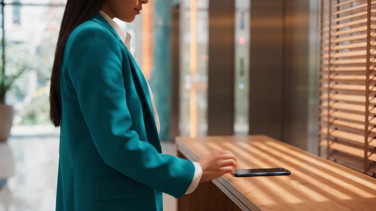 A Woman in a Turquoise Suit Stands by a Wooden Counter, Engaging with Her Smartphone While Overseeing an Elegant and Modern Interior Environment