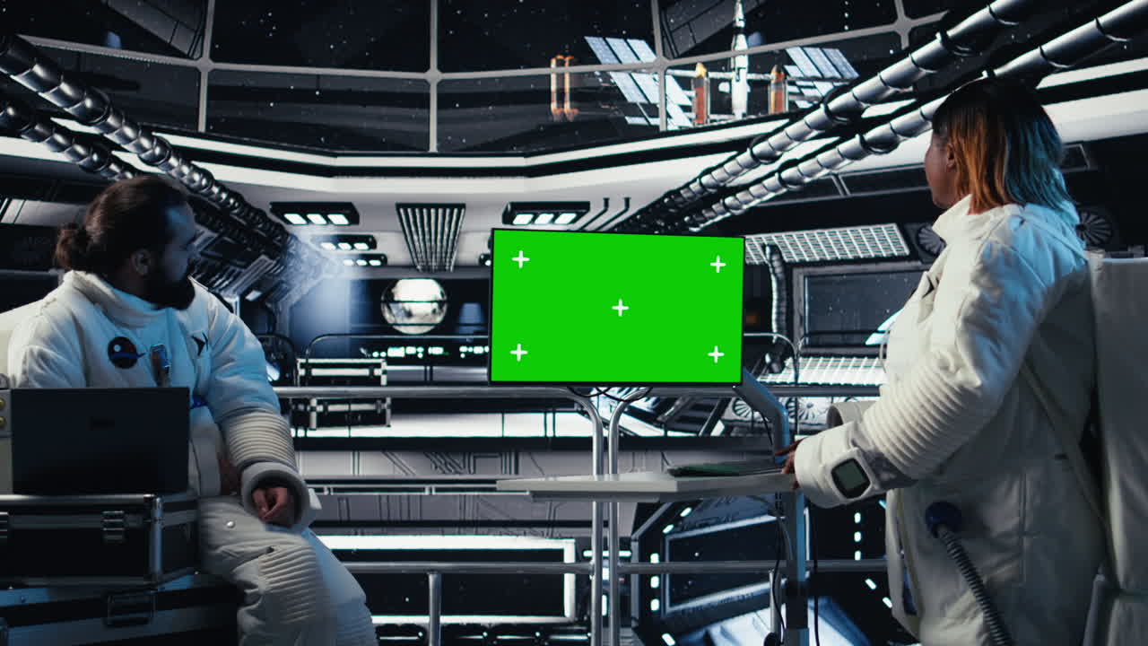 Astronaut reviewing onboard analytics on green screen monitor