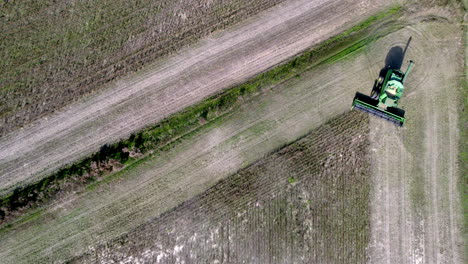 aerial footage of soy bean harvesting on a farm field with a harvester or tractor, downward angle