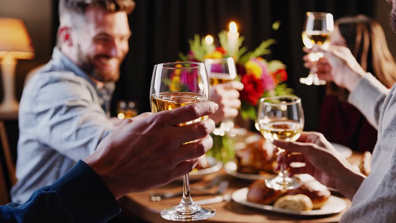 A lively dinner party scene captured in a video with a close-up angle, showcasing friends toasting