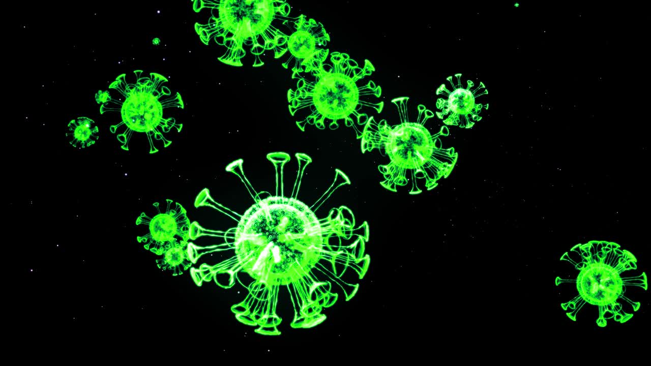 green glowing holographic image of coronavirus like covid-19 virus or influenza virus flies in air or float smoothly on black background. 3D animation in 4k looped. For informational presentation.