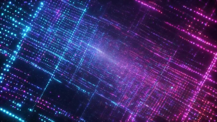 Abstract Digital Tunnel with Glowing Blue and Pink Particle Grids