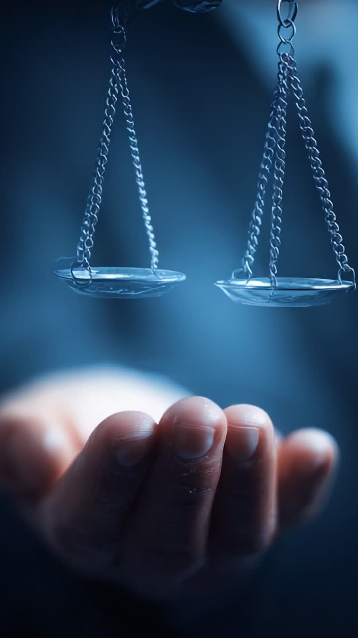 Un simbolo di giustizia: primo piano di una bilancia tenuta sopra una mano tesa, a rappresentare equilibrio ed equità in questioni legali