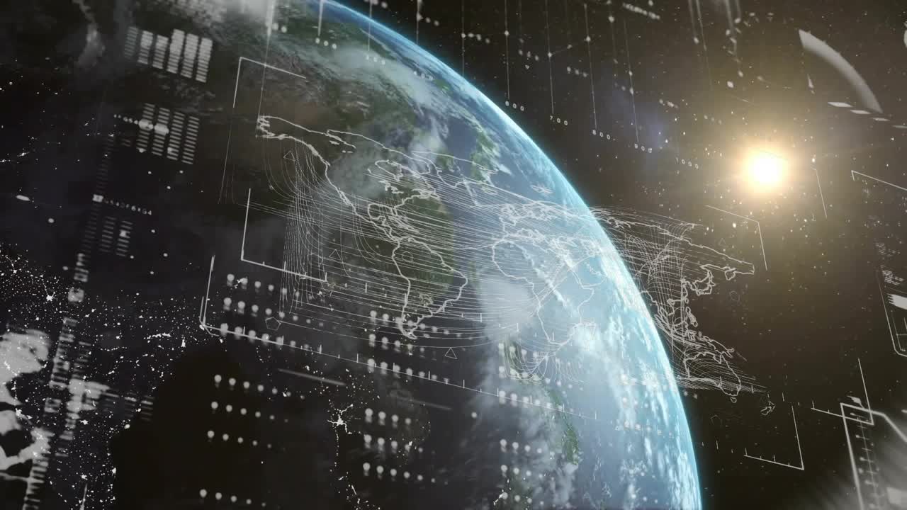 Dark space starting wireframe Earth emerging grids fading, sun glowing, mapping global connections