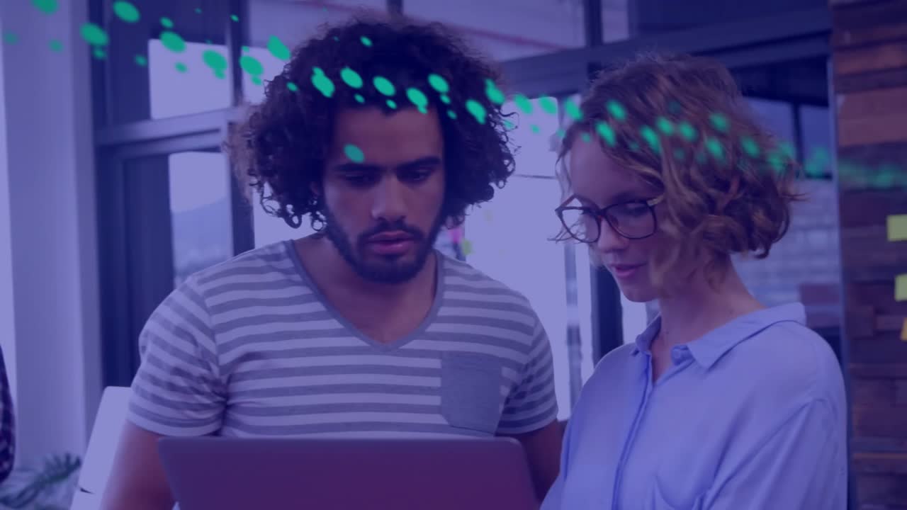 Animation of financial data processing over diverse business people in office