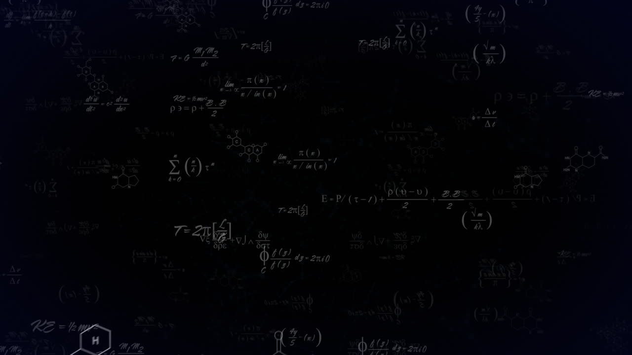 Animation of mathematical equations and network of connections floating against black background