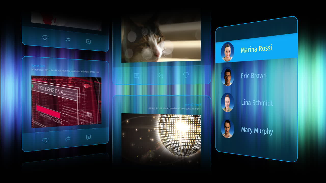 검은색 배경에 빛의 흔적 위에 소셜 미디어 게시물과 사람들의 프로필의 애니메이션