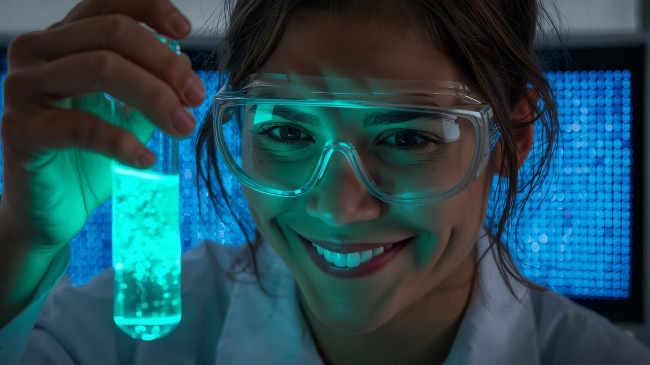 Reagindo ao brilho azul-esverdeado, cientista inspecionando tubo de ensaio no laboratório, de jaleco, com painel de LED azul retroiluminado
