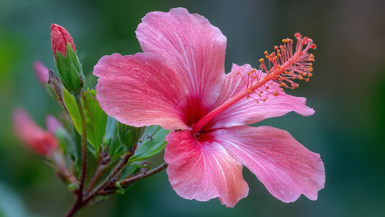 Fioritura Accattivante: Primo Piano di uno Splendido Fiore di Ibisco che Mostra Petali Rosa Vibranti e Stami Intricati su uno Sfondo Verde Lussureggiante