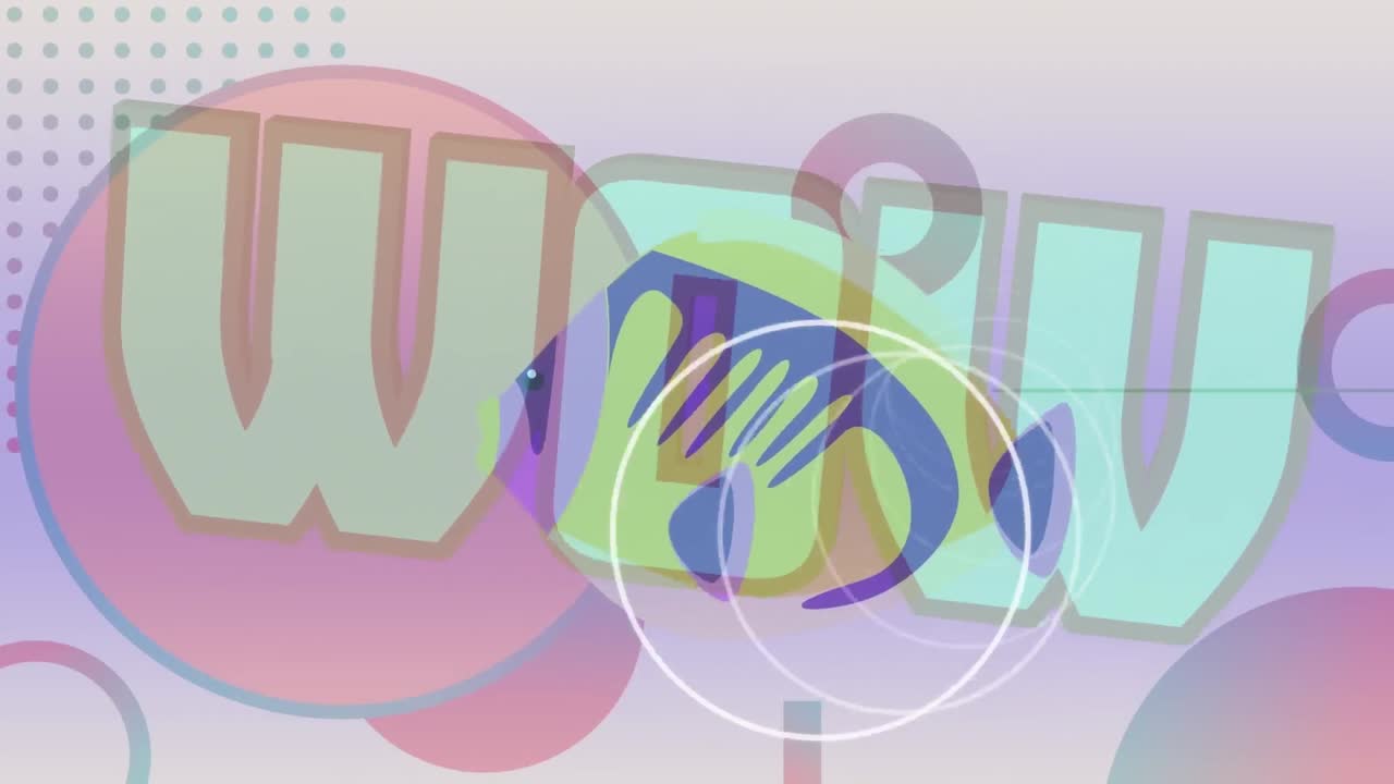 와우 텍스트와 물고기 아이콘 위로 움직이는 모양의 애니메이션