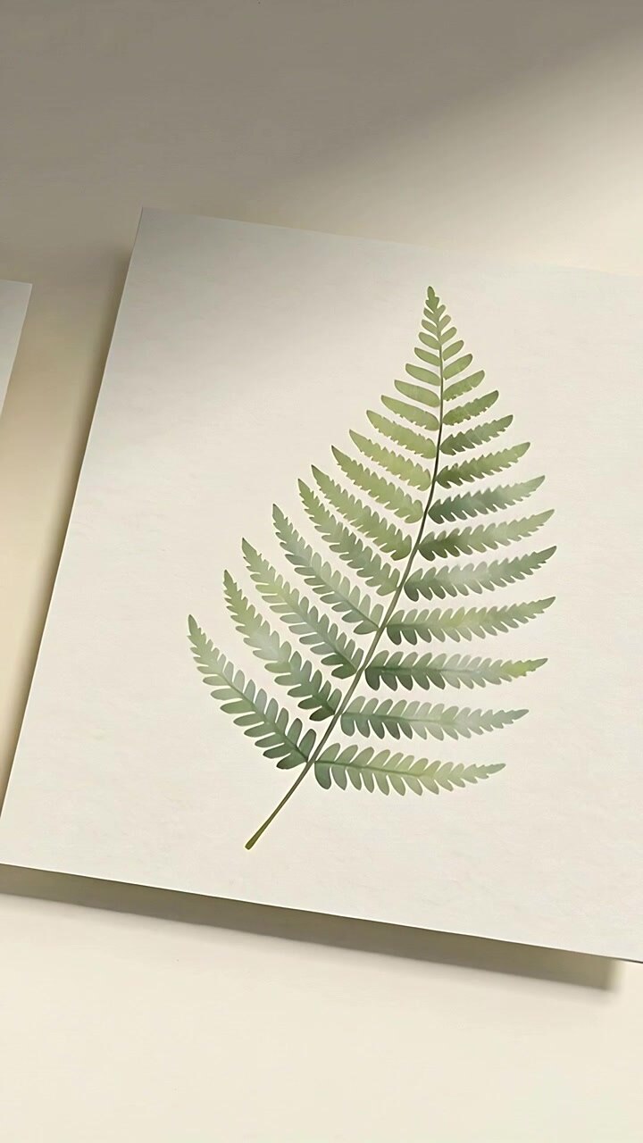 Vertical video: Sweeping camera revealing full green fern on white sheet on desk, left edge, shadow