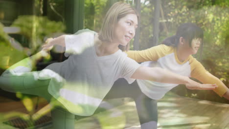 zusammensetzung von zwei glücklichen asiatischen frauen, die im freien yoga praktizieren, und sonnenlicht auf pflanzen