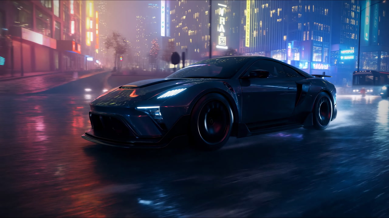 Sleek Sports Supercar Racing Wet Neon, Gliding Through Rainsoaked City Street Under Towering Illuminated