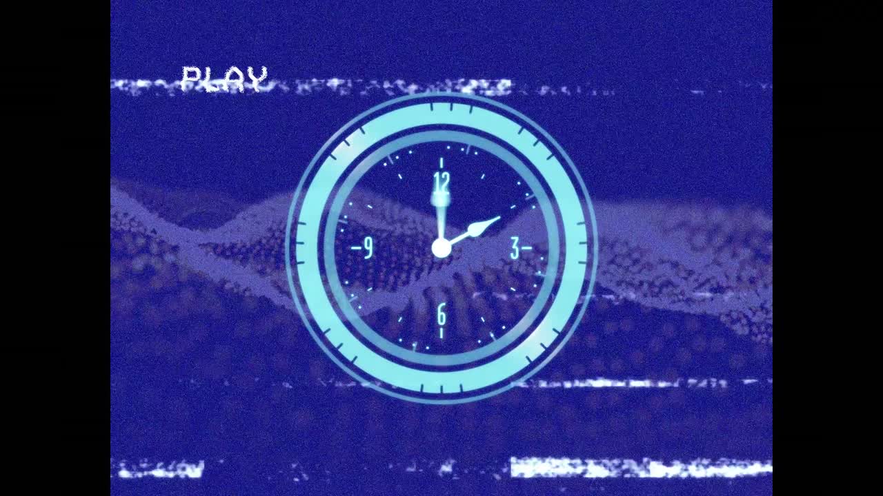 Animation of interference over moving clock and light spots on blue background