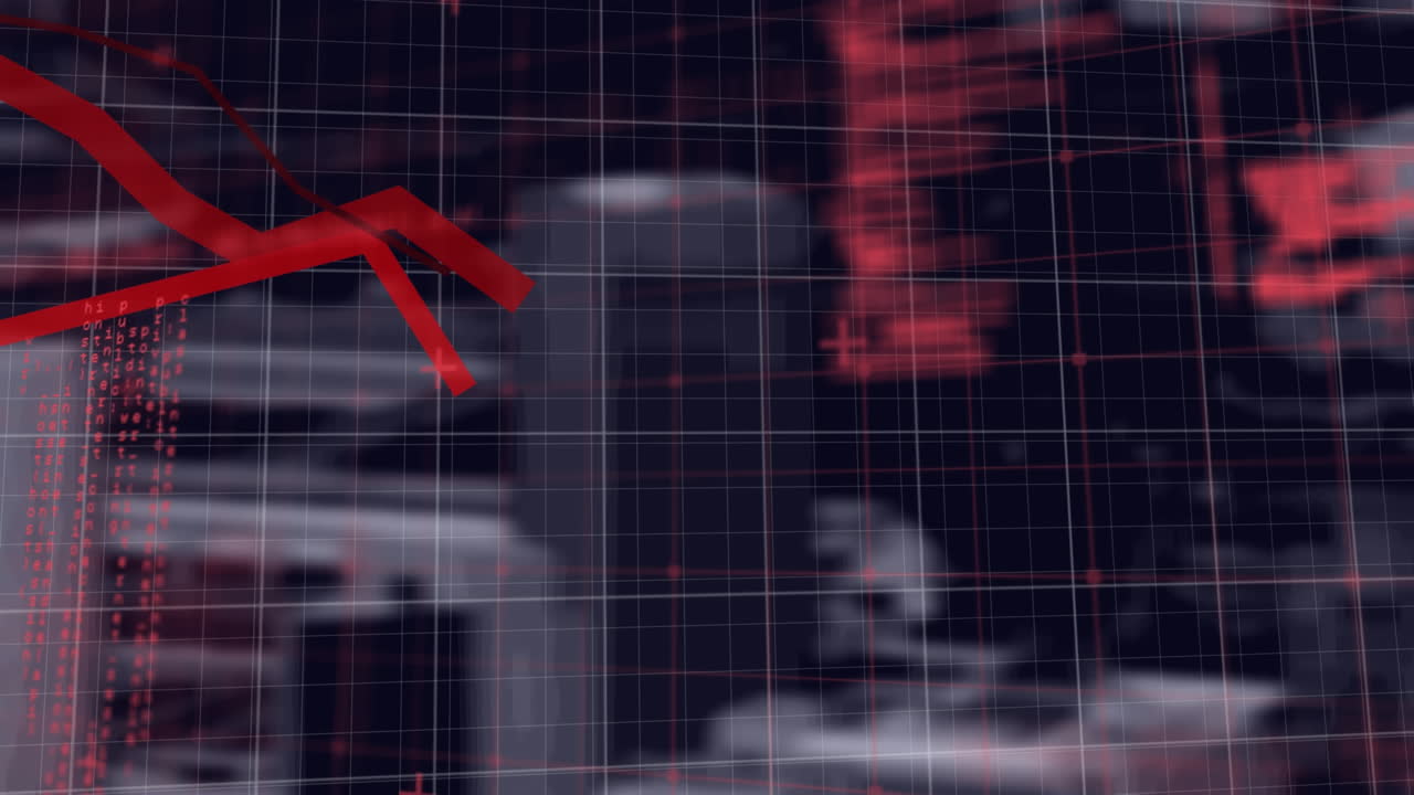 Animation of red lines recording on grid over cityscape