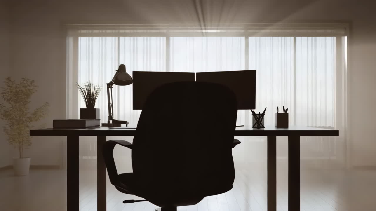 Empty Home Office Workspace in Silhouette with Bright Window