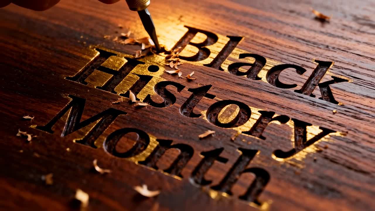 Inizio del taglio, una mano che impugna un incisore che intaglia una targa di legno duro su una panca, dando forma al Mese della storia afroamericana