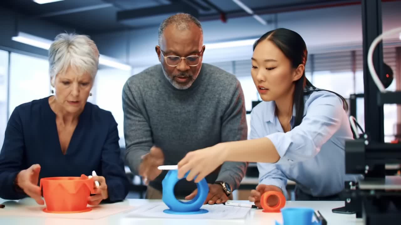 A Diverse Team Collaborating on Innovative Designs in a Modern Workspace, Showcasing 3D Printed Creations and Engaging Discussion Among Colleagues