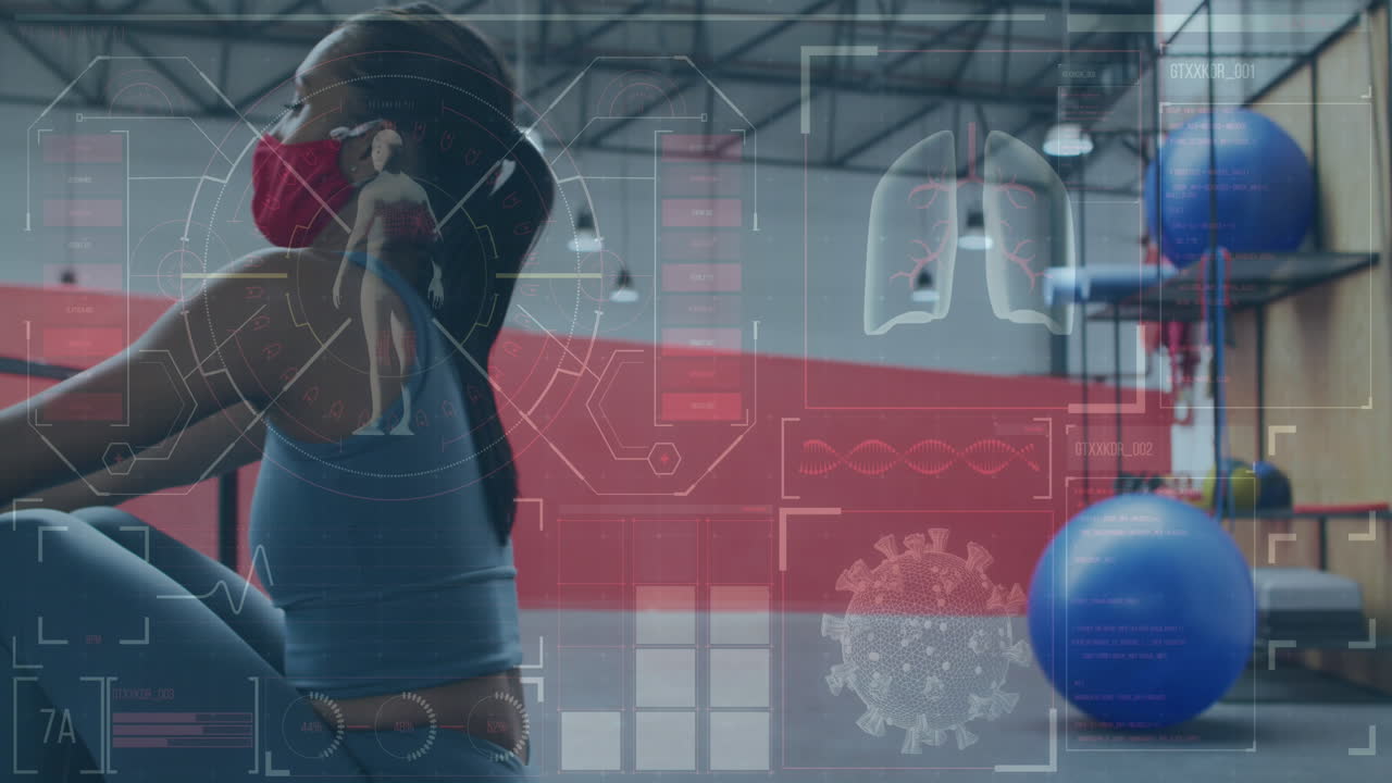 얼굴 마스크를 쓰고 운동하는 백인 여성에 대한 통계와 그래프의 애니메이션