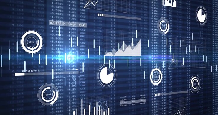 Futuristic Digital Interface Displaying Financial Data and Business Charts