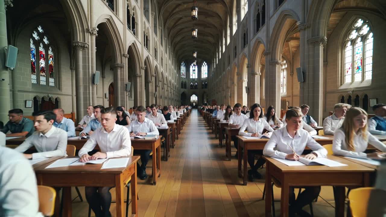 Klokkelyd signalerer, at elever begynder at skrive eksamen ved træpulte i kapellet, iført hvide skjorter