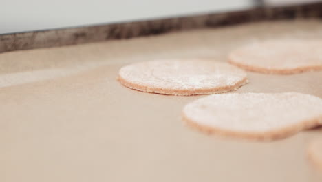 circles of cookies laid down on baking tray in a factory kitchen