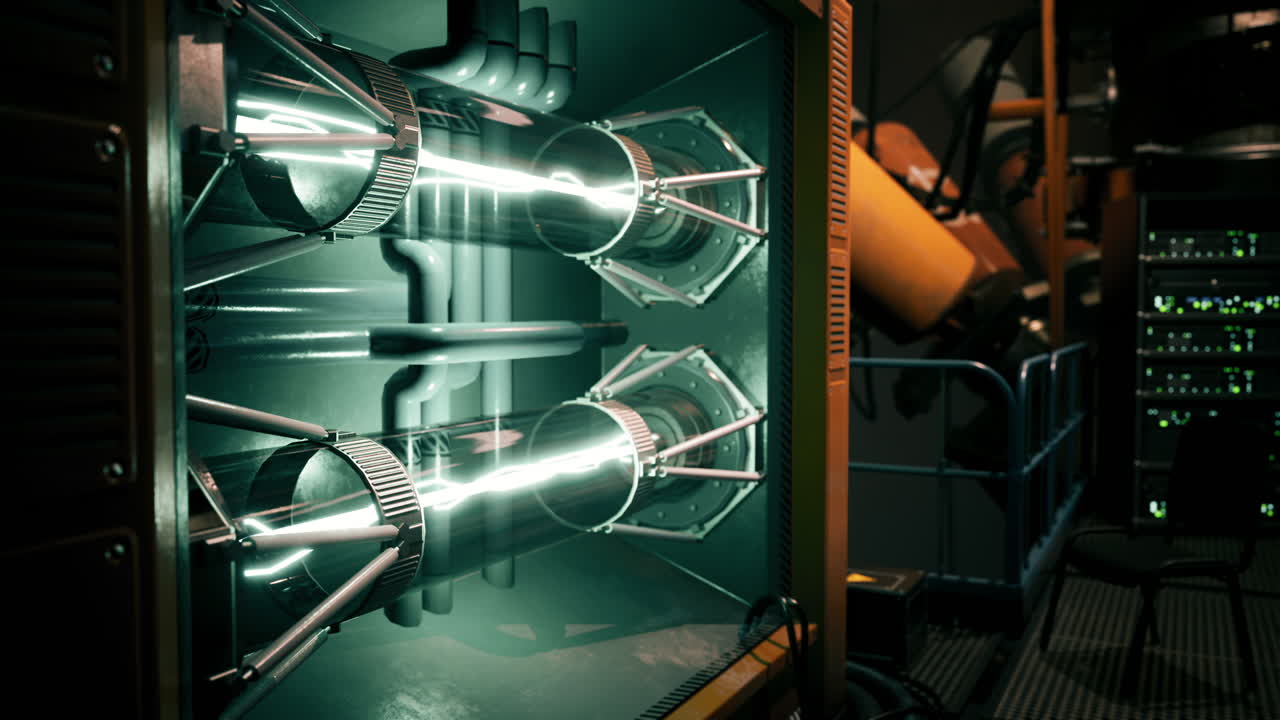 Futuristic laboratory with advanced machinery and energy transfer technology