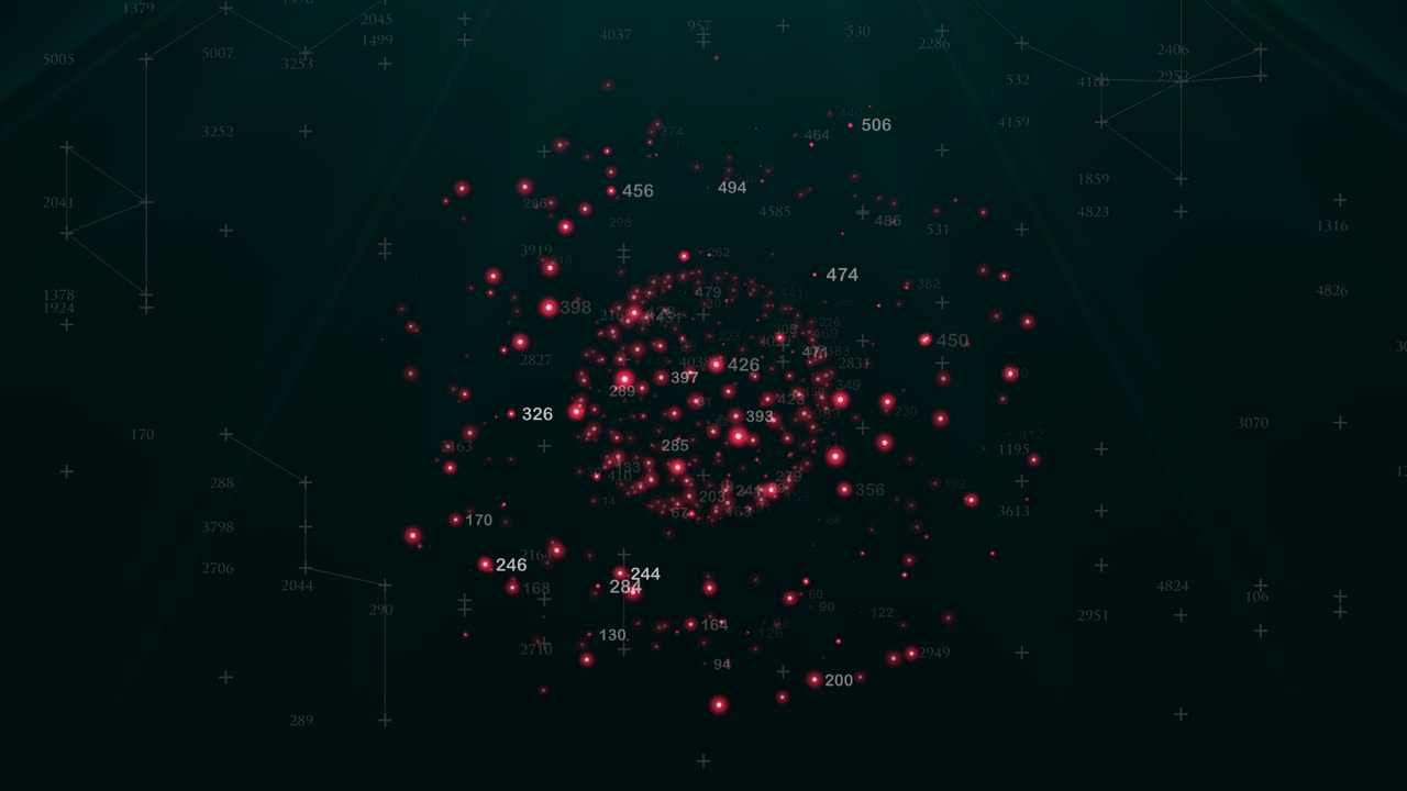3D red electron atom particles orbit in black space with scientific data elements