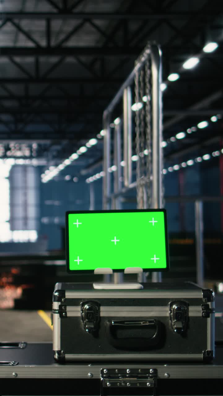 Vertical Video Chroma key with empty machinery hall shows industrial environment