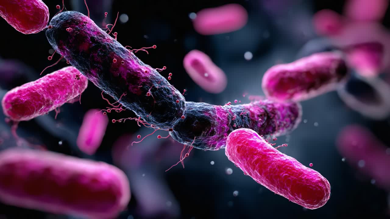 Visualizzazione dinamica di batteri: due fotogrammi che illustrano l'intricata struttura e il movimento di organismi microbici colorati in un ambiente misterioso