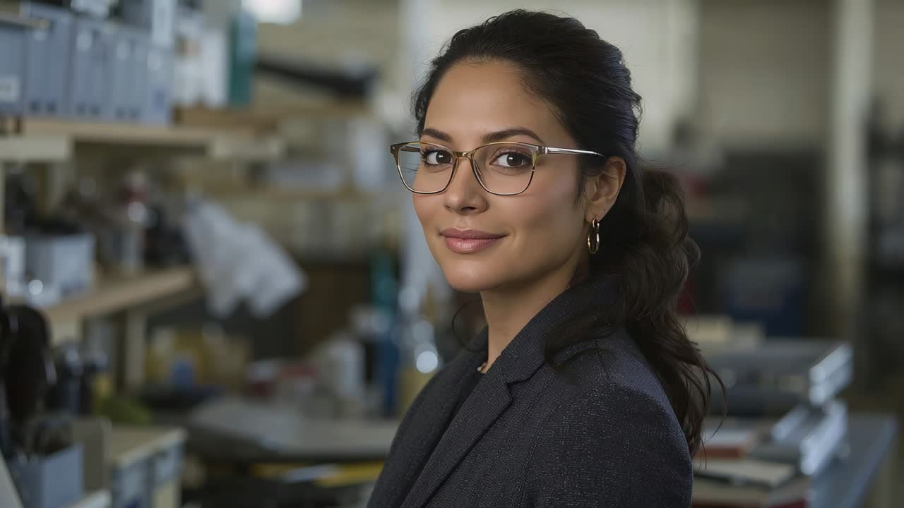 Pivoting professional in dark blazer and glasses walking to workbench to retrieve parts, with bins