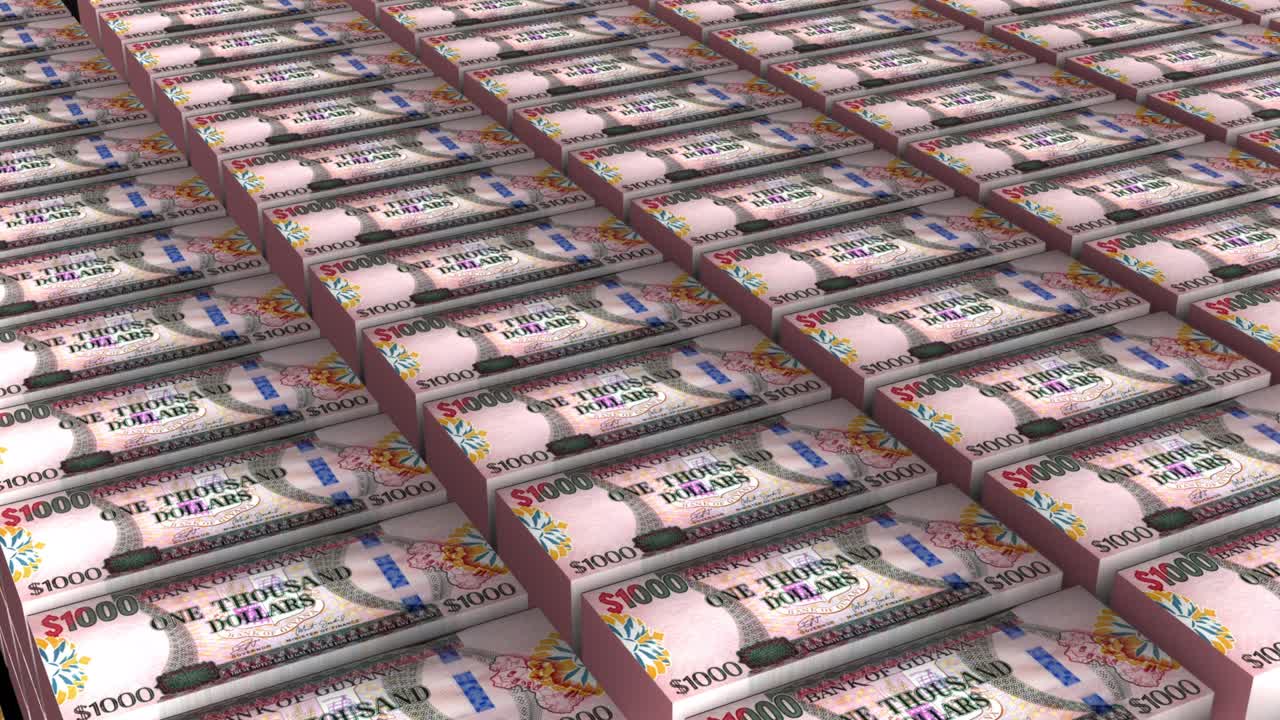 색 배경에 1000 달러 지폐를 쌓은 기아나의 3d 애니메이션
