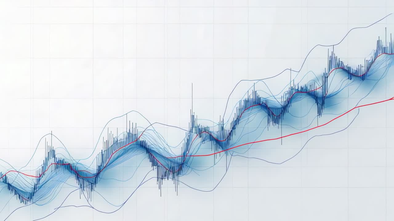 Animating chart on pale digital grid as new data arriving, showing blue density and red trend