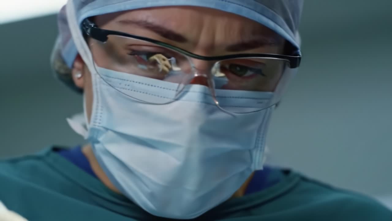 Focused Surgeon's Intense Concentration During a Critical Surgical Procedure with Precise Movements and Professional Expertise Shown in Close-up Frames