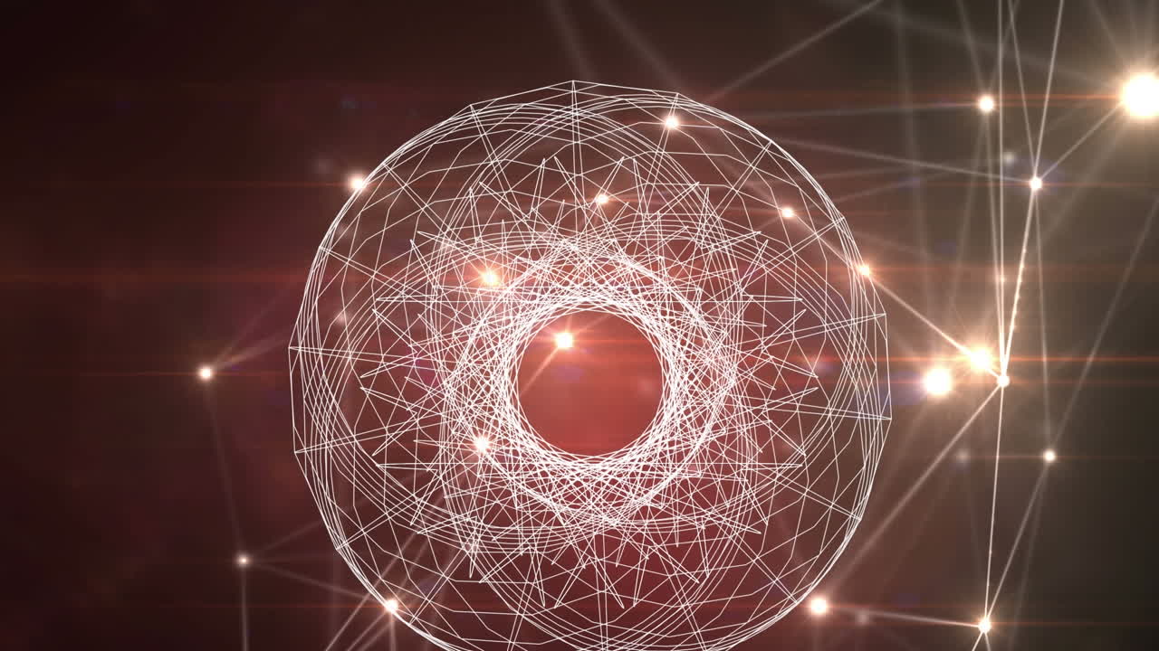 Digital animation of glowing network of connections against spinning globe on red background