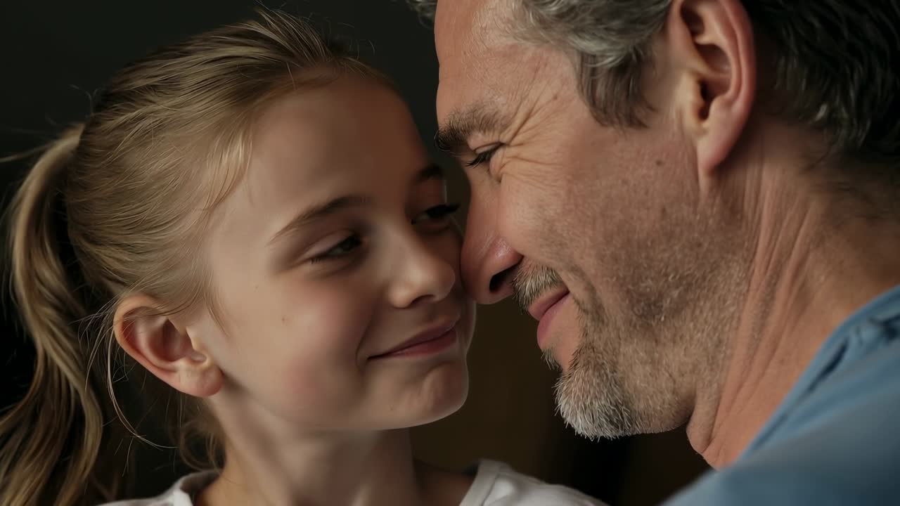 Ragazza sorridente in top bianco che guarda in alto, facendo sì che il padre, in camicia blu, si sporga per accarezzarla a casa.