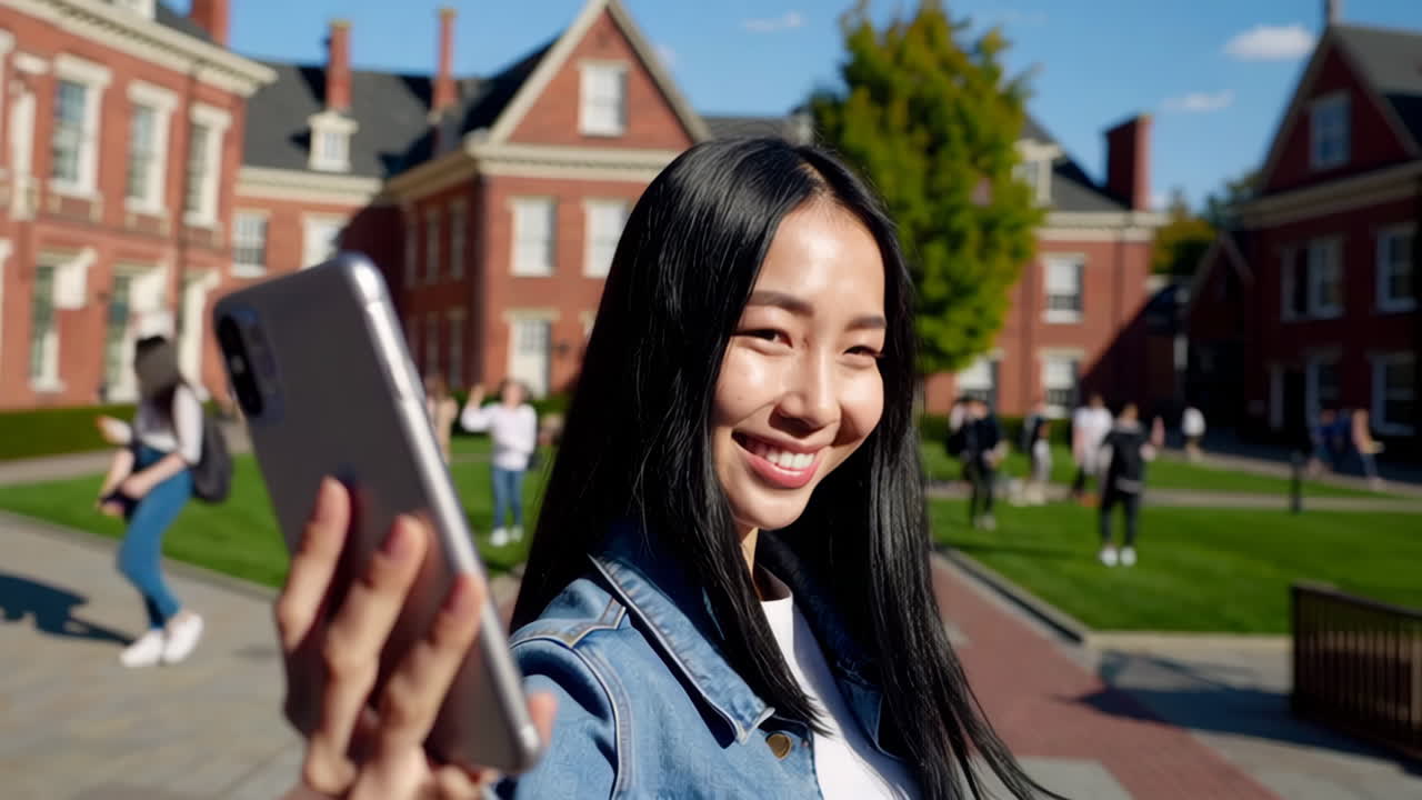 Young Woman Smiling and Taking a Selfie on a University Campus