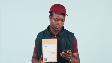 delivery man, boxes and pos payment in studio
