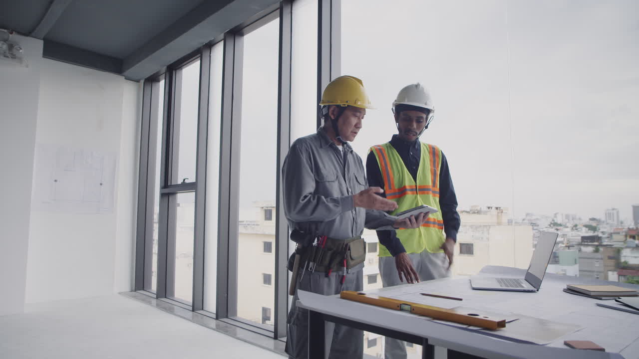 Construction Workers Looking at Blueprint on Tablet Computer
