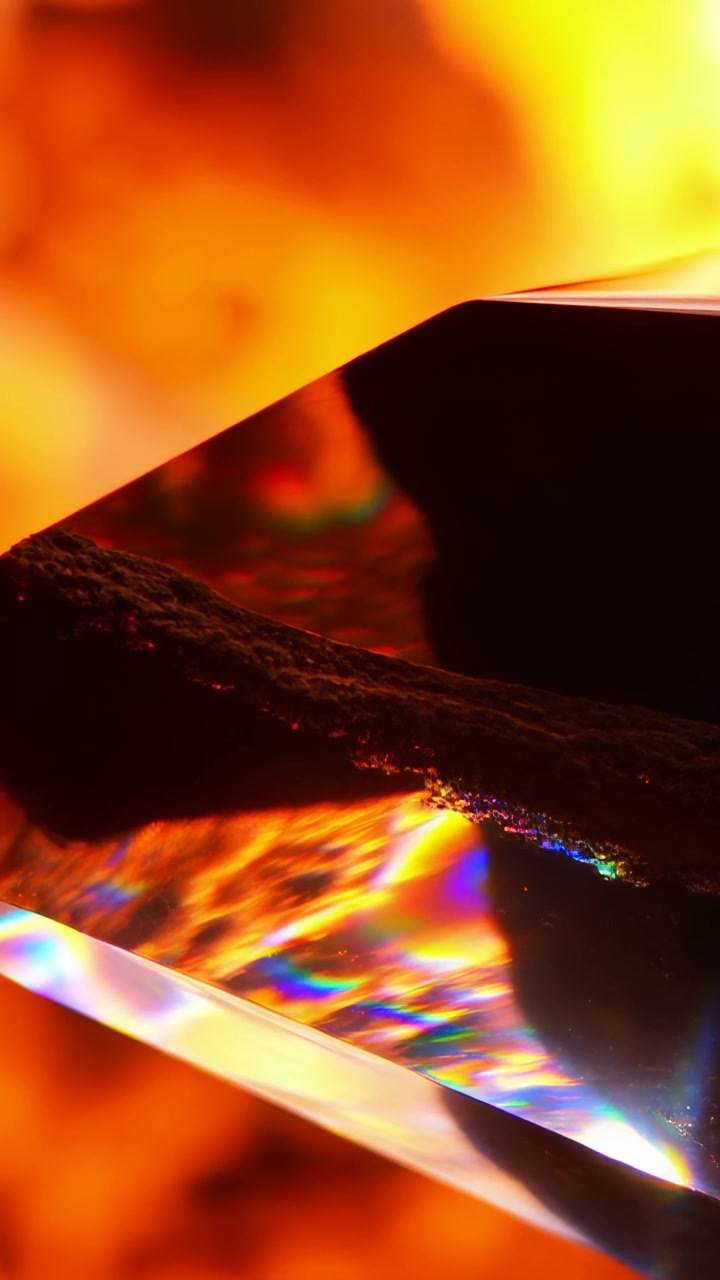 Video verticale: Fiamma tremolante che crea bande arcobaleno divise da un prisma in primo piano, con un pezzo di carbone.