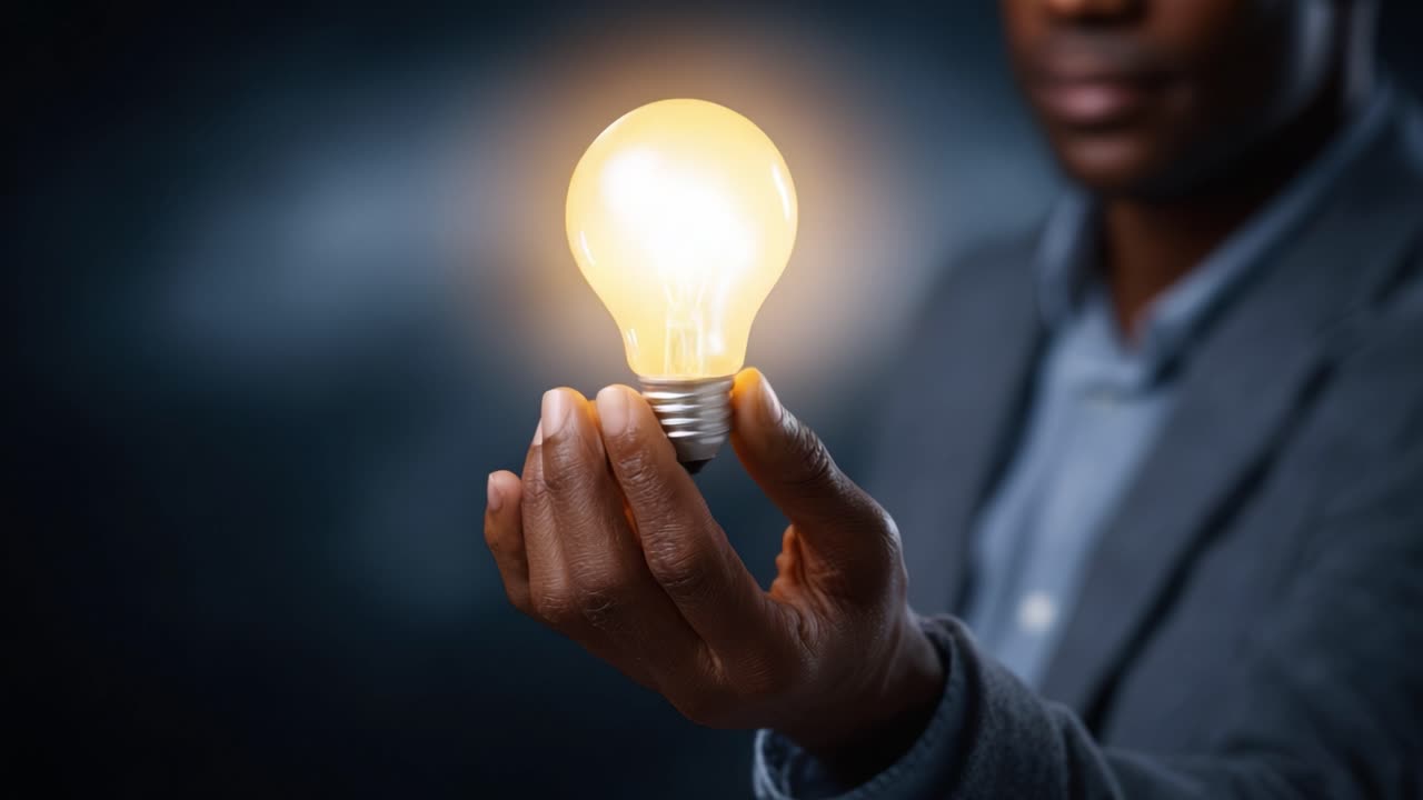 A person holding a glowing light bulb in their hand, symbolizing ideas, creativity, and inspiration in a captivating dark background setting