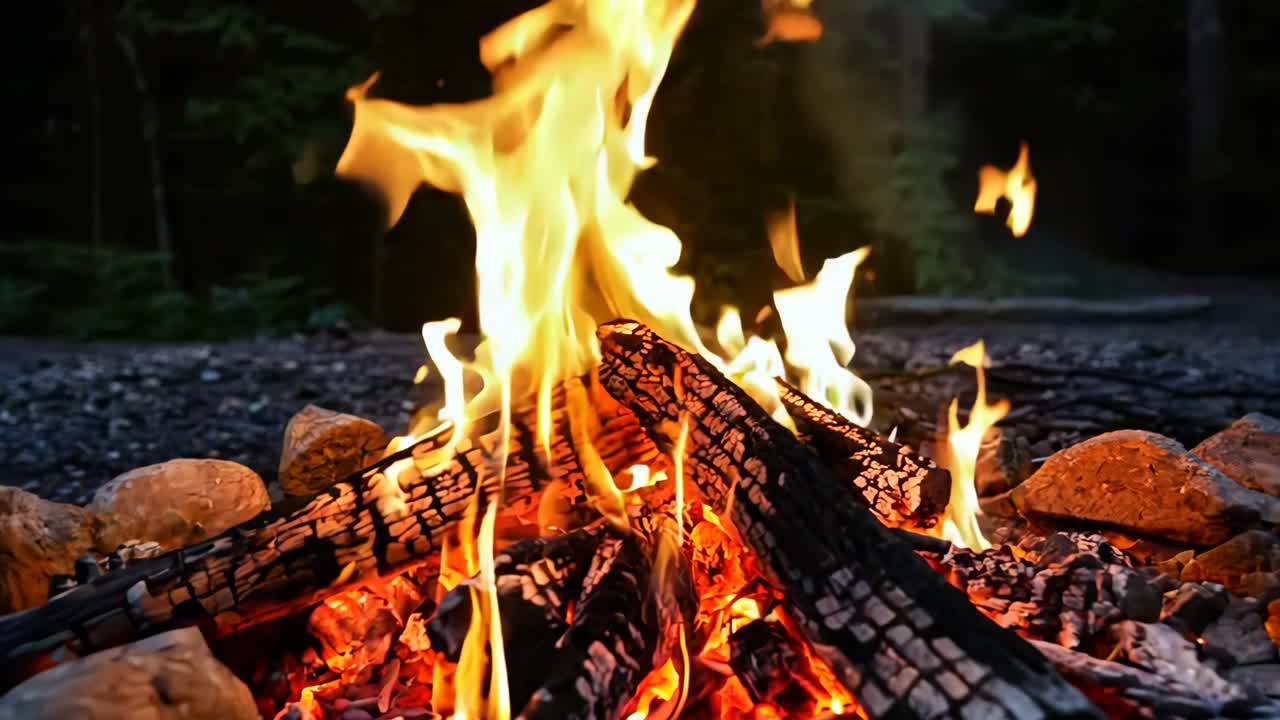 un pozo de fuego en el medio de un bosque por la noche