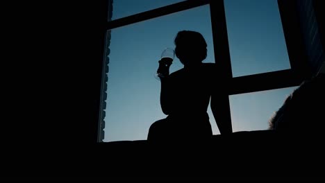 Silhouette-Eines-Mädchens,-Das-Am-Abend-Wein-Am-Fensterloch-Trinkt