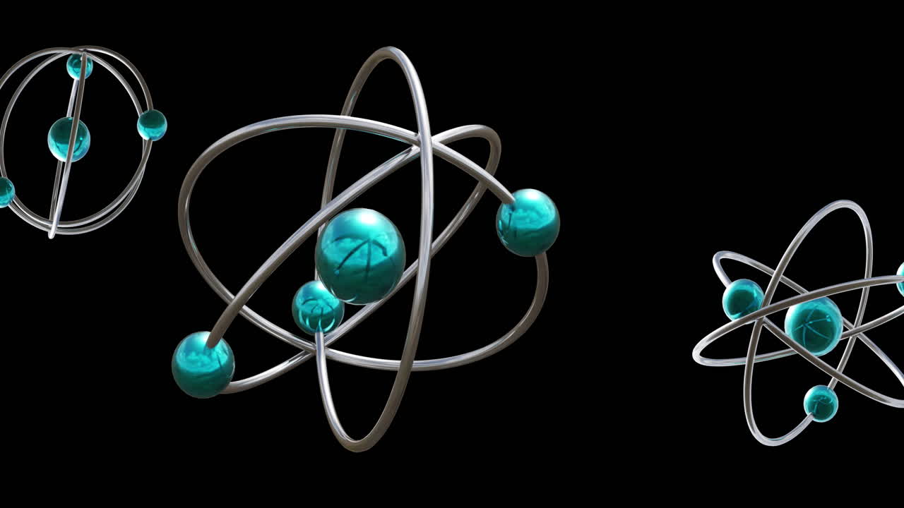 검은 바탕에 회전하는 원자 모델의 애니메이션