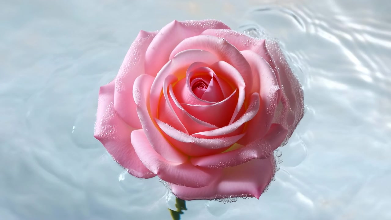 Rosa Rosa Galleggiante Sull'Acqua, Primo piano di un singolo fiore rugiadoso che galleggia su leggere increspature, Illuminazione pastello tenue