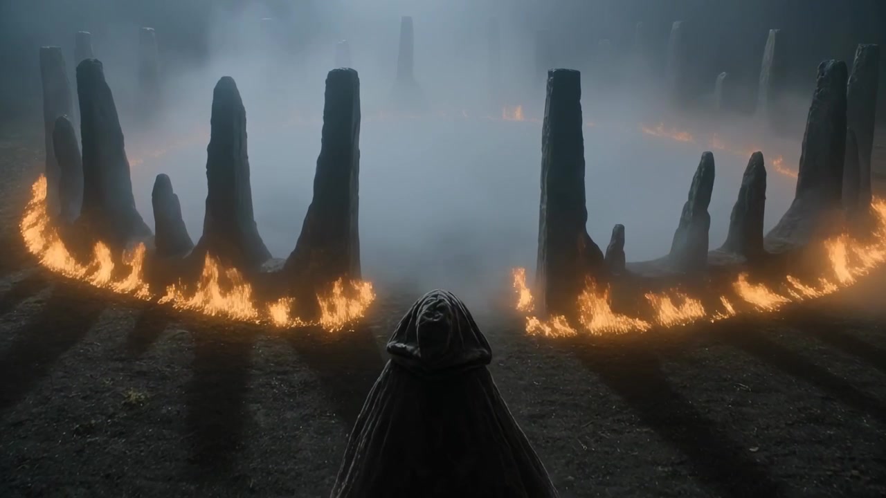 Figura ammantata in piedi di fronte a un cerchio di pietre in un campo aperto, con un anello di fuoco che si alza e nebbia che si addensa.